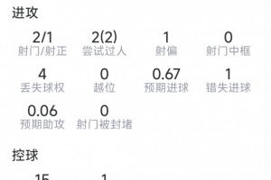 拉扬本场数据:1次助攻,2射1正,1次错失良机,4次关键传球